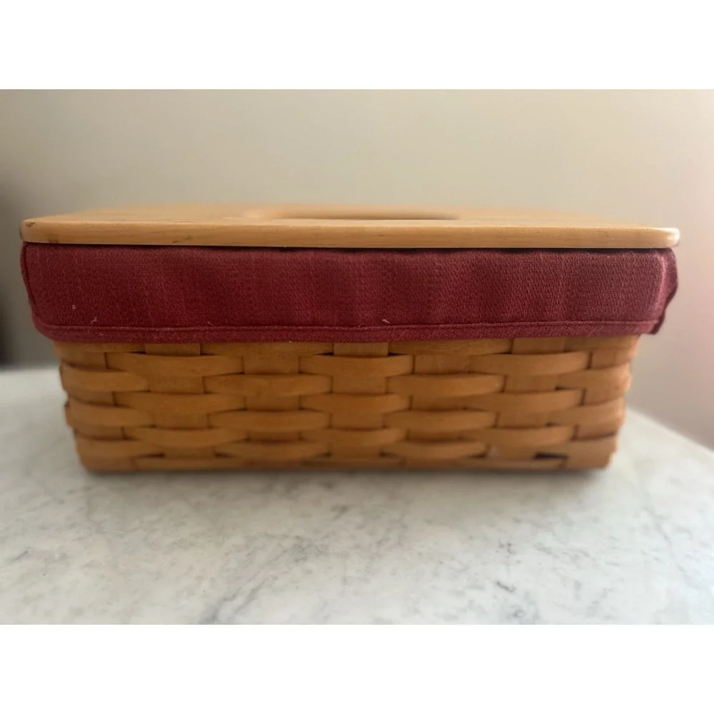 Longaberger 2000 Woven Long Tissue Box Basket with Wooden Lid, Liner & Skirt